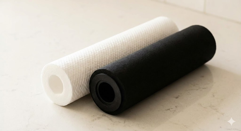 Vergleich einer weißen Sediment-Filterpatrone und eines schwarzen Aktivkohleblocks.