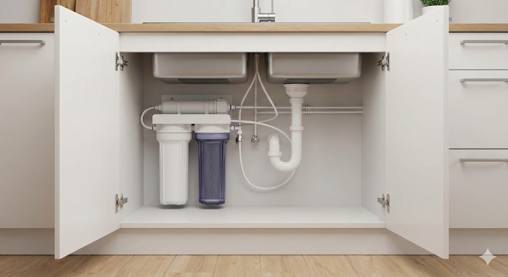 Zweistufiges Wasserfiltersystem (Sediment- und Kohlefilter) unter einer Küchenspüle installiert