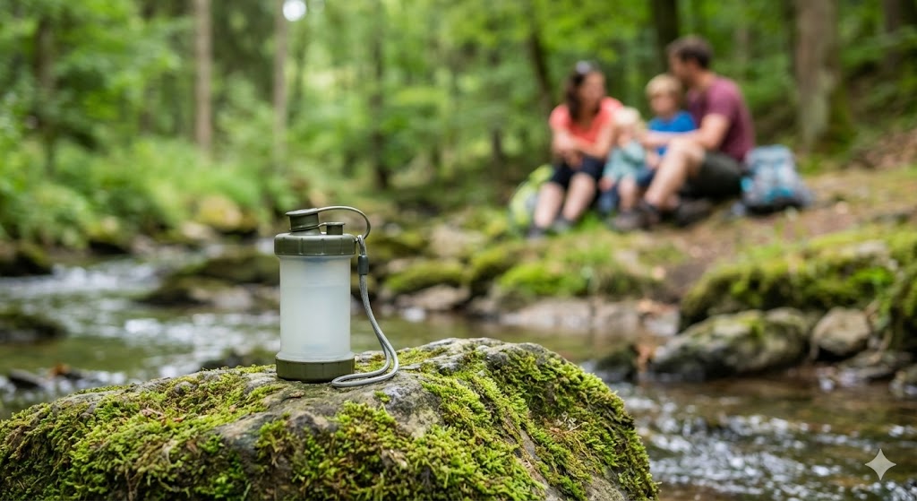 Mobiler Wasserfilter für die Krisenvorsorge und Outdoor-Einsätze am Bachlauf.