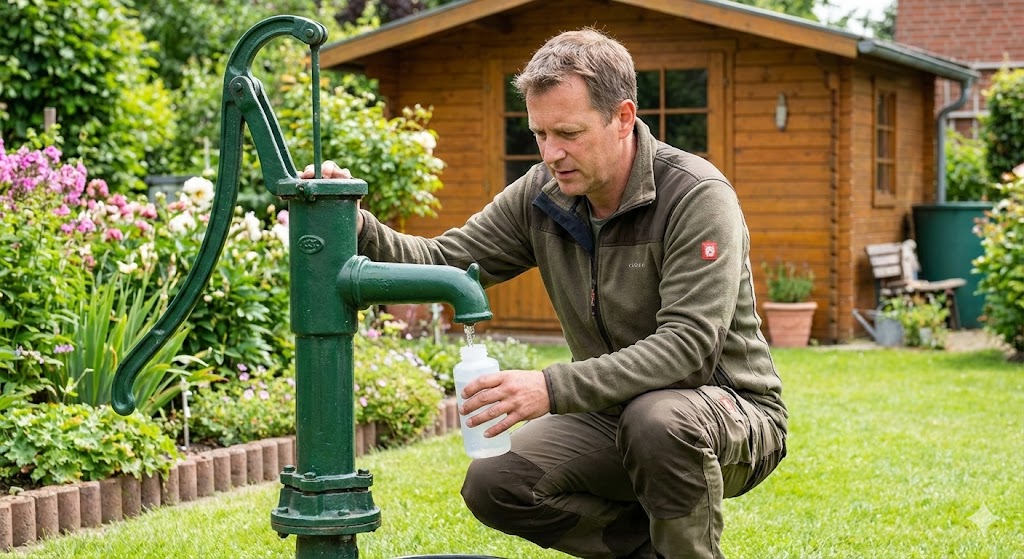 Ein Mann entnimmt an einer Gartenpumpe eine Wasserprobe in eine sterile Kunststoffflasche.