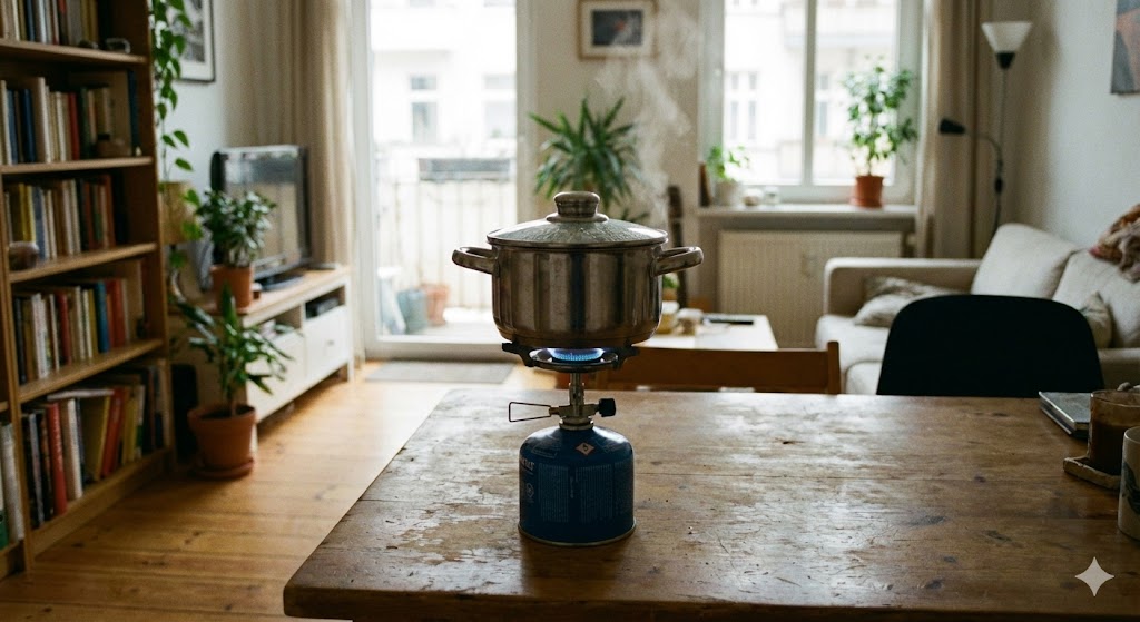 Einflammiger Camping-Gaskocher mit Kartusche als einfache Lösung zum Kochen ohne Strom