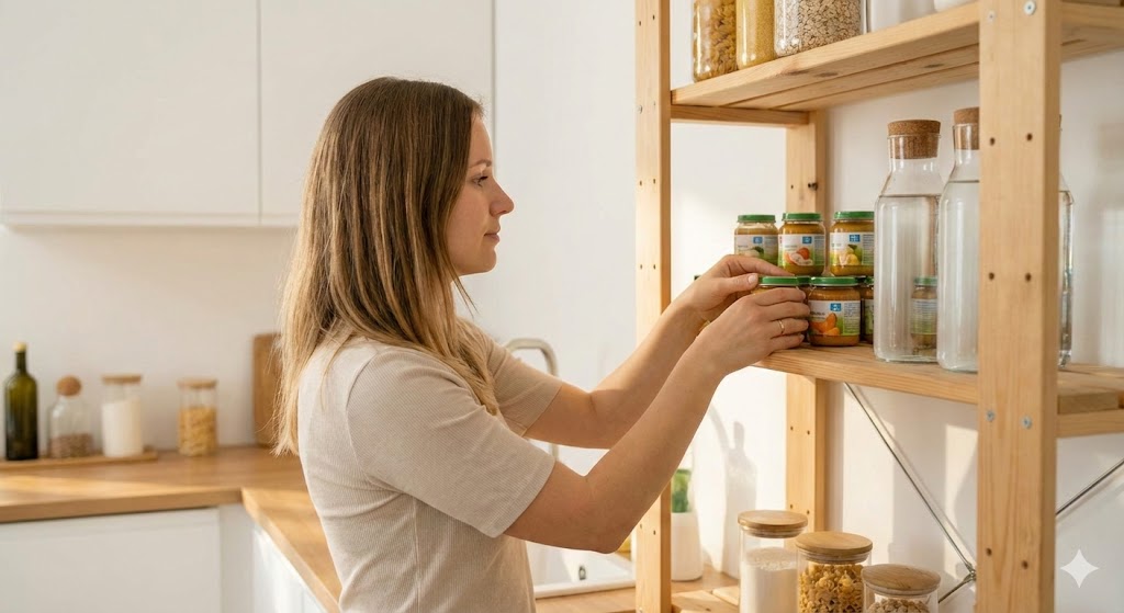 Eine Mutter sortiert ruhig Gläschen mit Babynahrung in ein helles Vorratsregal in der Küche.
