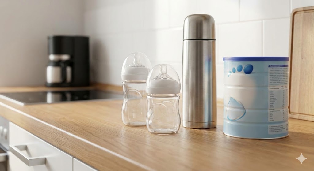 Babyflaschen, Milchpulver und eine Thermoskanne stehen bereit zur Zubereitung auf einer Arbeitsplatte.