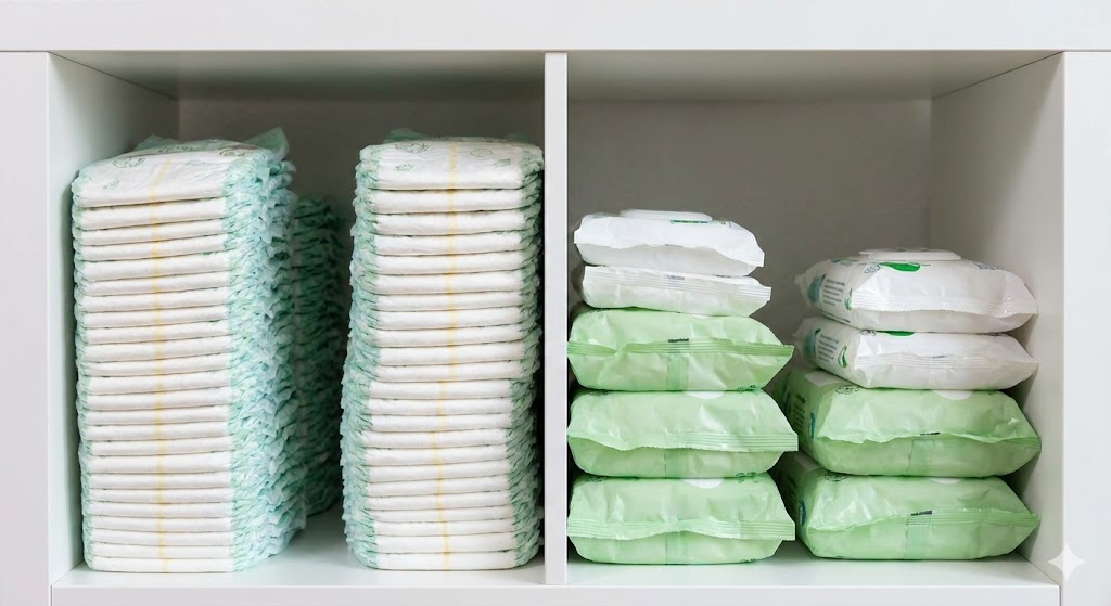 Mehrere Packungen Windeln und Feuchttücher sind ordentlich in einem weißen Regal gelagert
