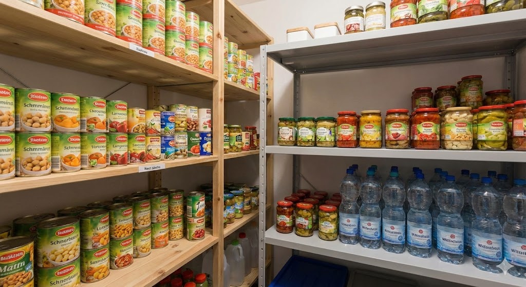 Ein gut organisiertes Vorratsregal mit Konserven und Vorräten in einer sauberen Speisekammer.