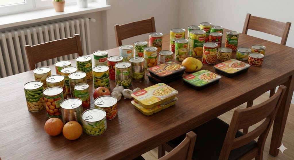 Ein Beispiel-Vorrat an Konserven für 10 Tage für eine vierköpfige Familie auf einem Esstisch.