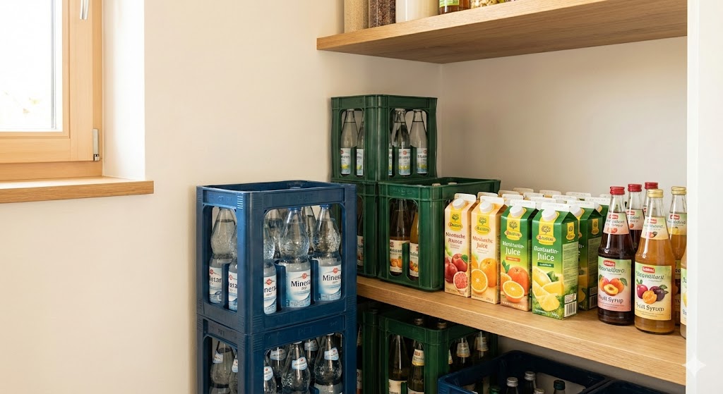 Ein gut organisierter Getränkevorrat mit Wasserkisten und Säften in einer hellen deutschen Vorratskammer.