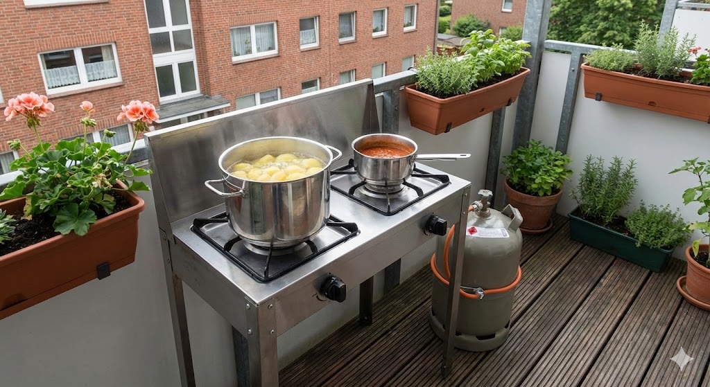 Zweiflammiger Gaskocher mit Gasflasche zum Kochen für mehrere Personen im Blackout