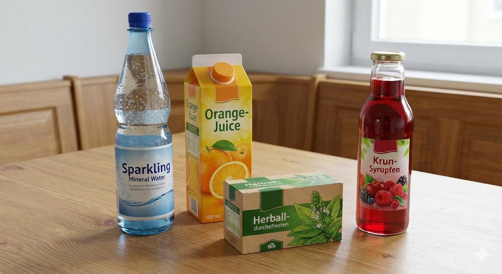 Verschiedene Getränkearten für den Notvorrat: Wasser, Saft, Sirup und Tee.