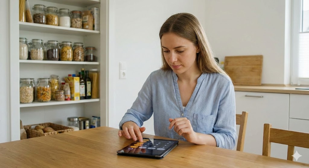Eine junge Frau plant ihren Notvorrat entspannt mit einem Tablet in einer hellen Küche.