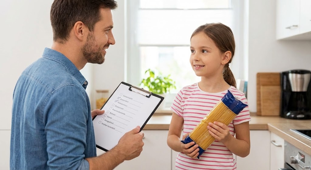 Vater und Tochter prüfen gemeinsam die Lebensmittelvorräte in der heimischen Küche.