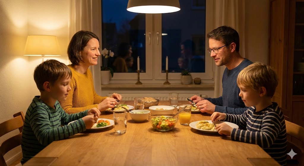 Eine Familie genießt ein gemeinsames Abendessen in einer gemütlichen, sicheren Atmosphäre.