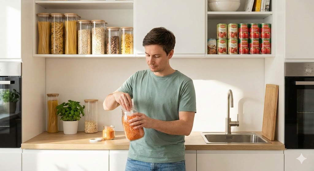 Eine Person füllt in einer hellen Küche rote Linsen für den veganen Notvorrat in ein Vorratsglas um.