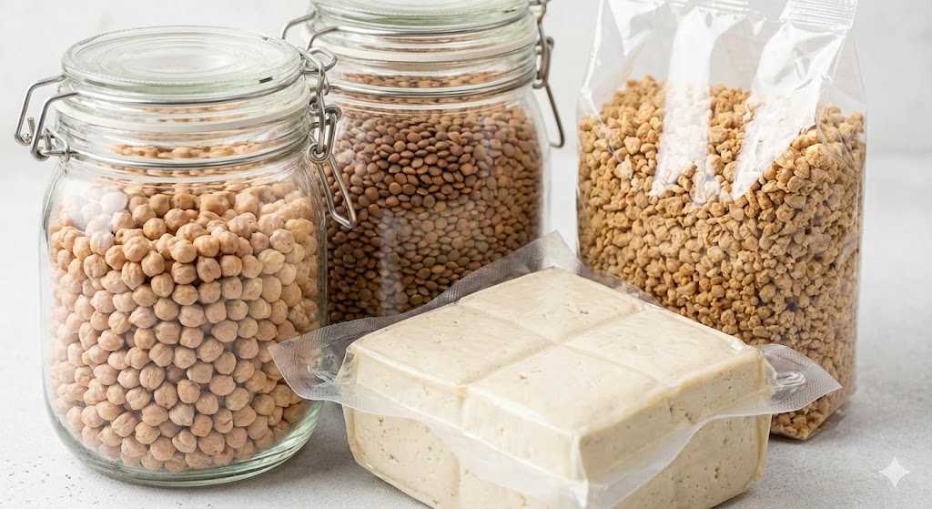 Verschiedene pflanzliche Proteinquellen wie Linsen, Kichererbsen und Tofu für die Langzeitlagerung.