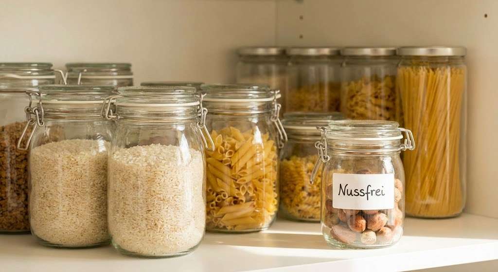 Organisiertes Vorratsregal in einer deutschen Küche mit einem deutlich beschrifteten nussfreien Glas.