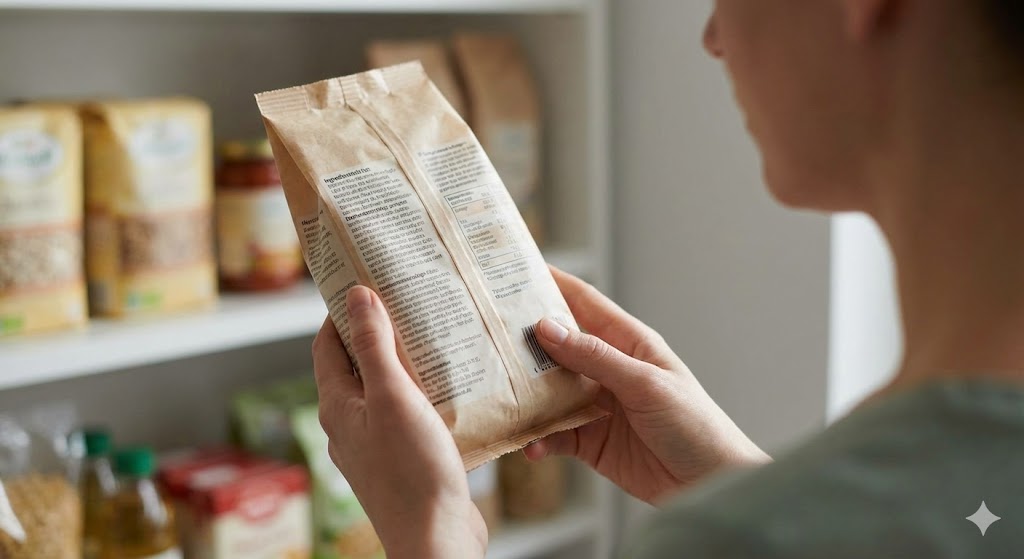 Eine Person liest aufmerksam die Zutatenliste einer Lebensmittelverpackung im Vorrat.