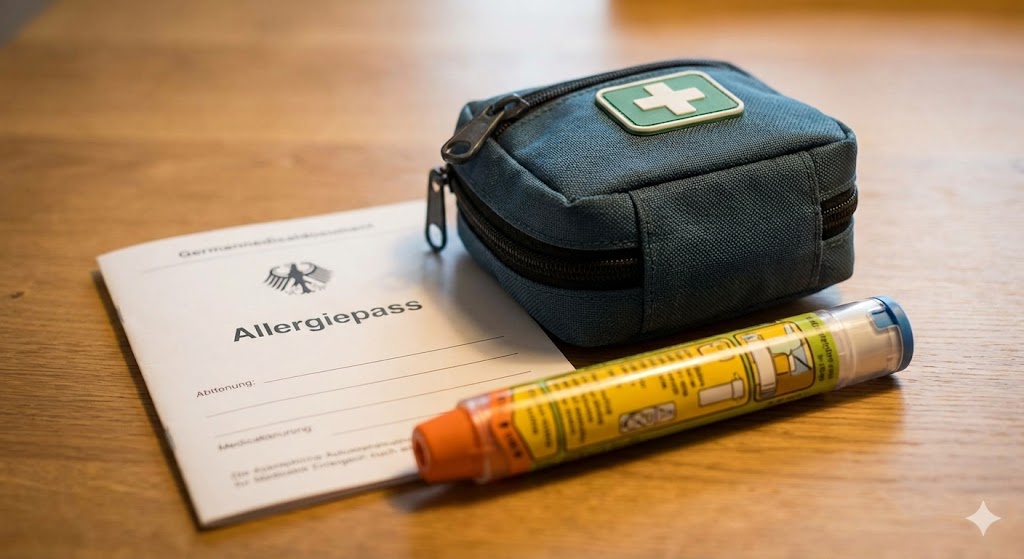 notfallset für Allergiker mit Allergiepass und Medikamenten griffbereit auf dem Tisch.