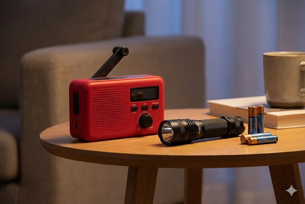 Ein Kurbelradio und eine Taschenlampe liegen bereit für den Notfall auf einem Tisch.