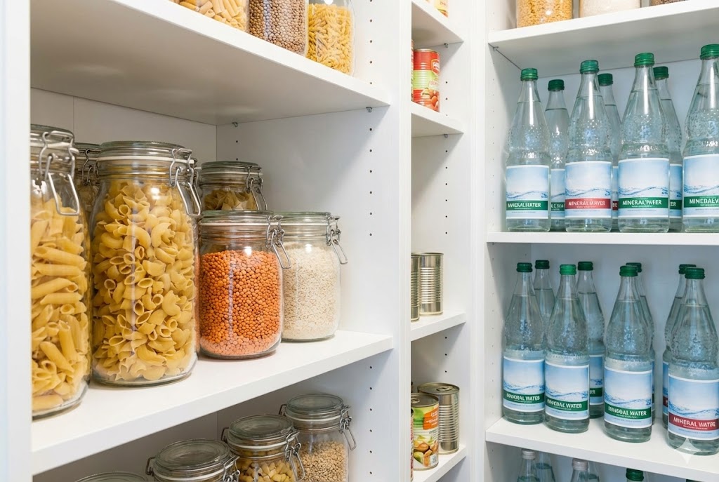 Ein gut sortiertes Vorratsregal mit Wasserflaschen und Grundnahrungsmitteln in einem deutschen Haushalt.