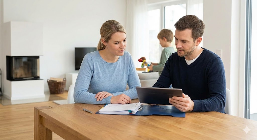 Eine junge deutsche Familie prüft ruhig ihre Versicherungsunterlagen am Esstisch für die Krisenvorsorge