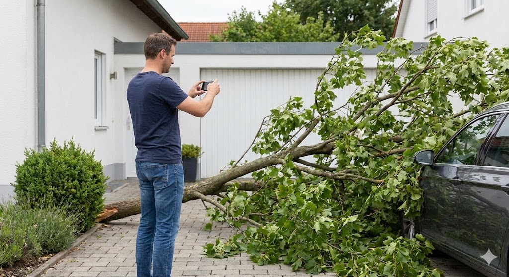 Ein Mann dokumentiert einen kleinen Sturmschaden in seiner Einfahrt mit dem Handy für die Versicherung.