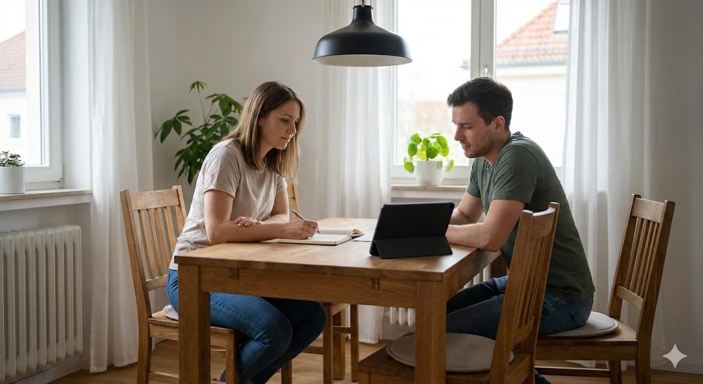 Ein Paar plant ruhig die Krisenvorsorge am heimischen Esstisch