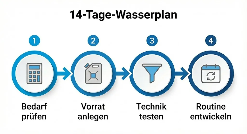 14 tage wasser vorsorge plan timeline de Zeitstrahl des 14-Tage-Plans zur Wasservorsorge: Bedarf prüfen, Vorrat anlegen, Technik testen und Routine entwickeln (Deutsch).