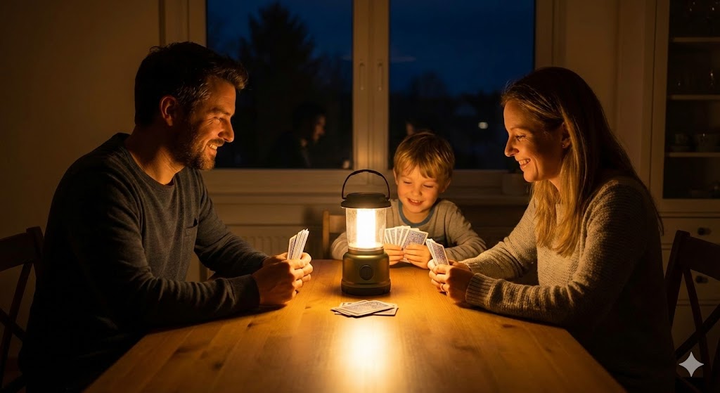 Familie verbringt entspannten Abend bei Notbeleuchtung