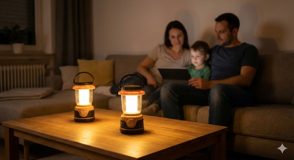 Gemütliches Wohnzimmer in Deutschland während eines Stromausfalls, beleuchtet durch LED-Laternen.