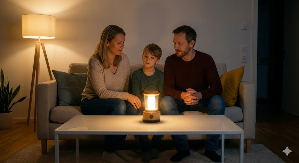 Familie sitzt entspannt bei Laternenlicht im dunklen Wohnzimmer während eines Stromausfalls.