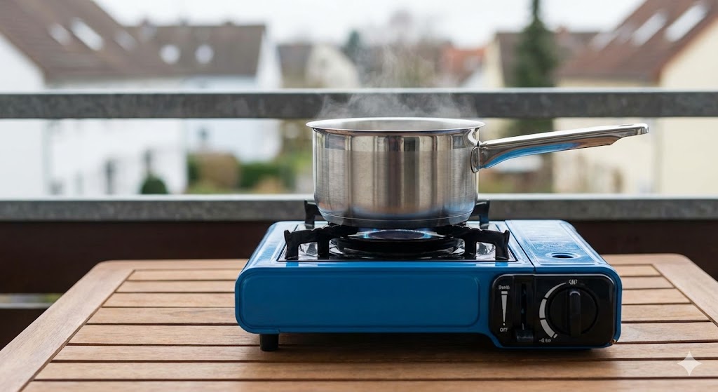 campingkocher balkon stromausfall kochen Camping-Gaskocher auf einem Balkon zur Essenszubereitung ohne Strom.