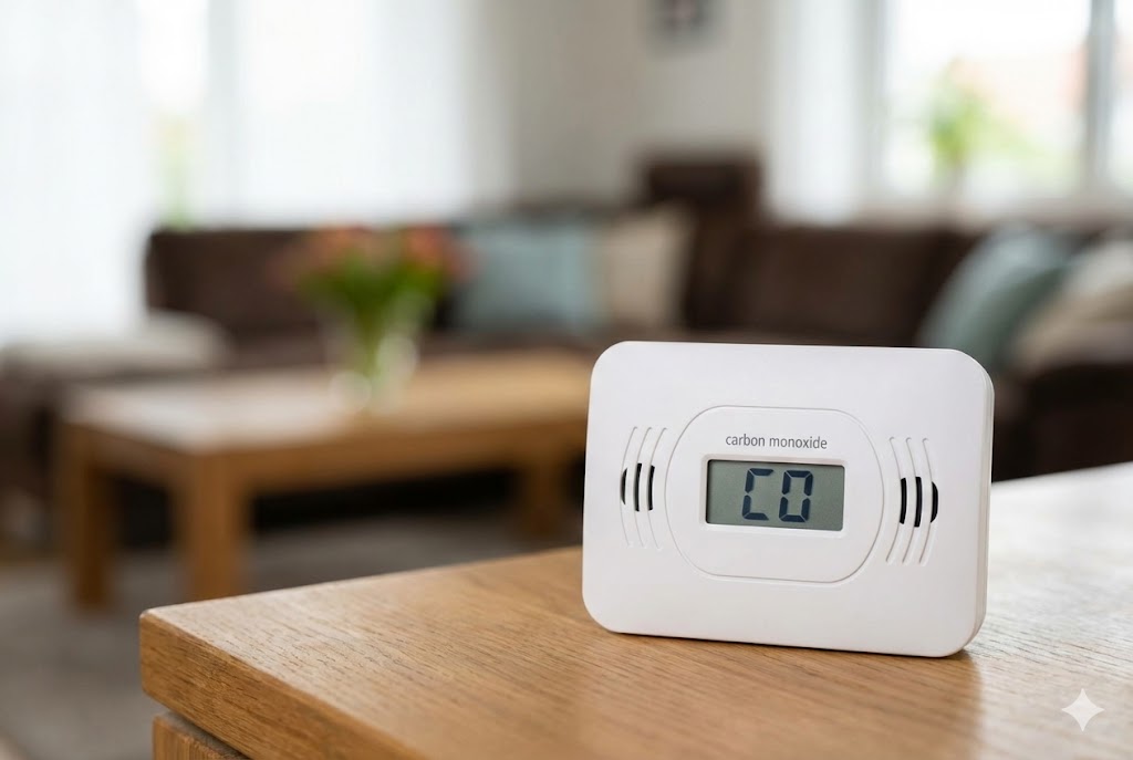 Ein weißer Kohlenmonoxid-Melder liegt griffbereit auf einem Wohnzimmertisch.