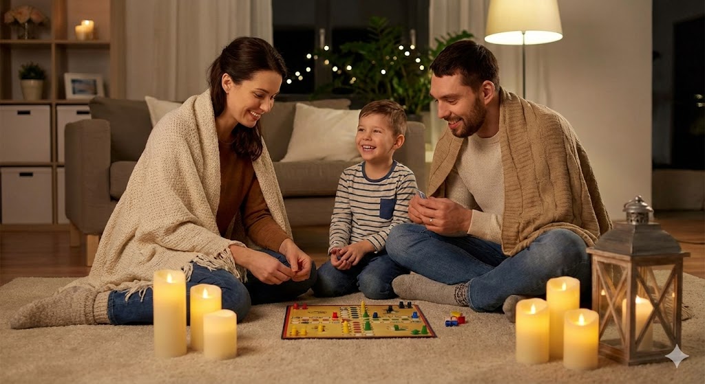 Familie spielt Brettspiele auf dem Boden bei gemütlichem Laternenlicht.