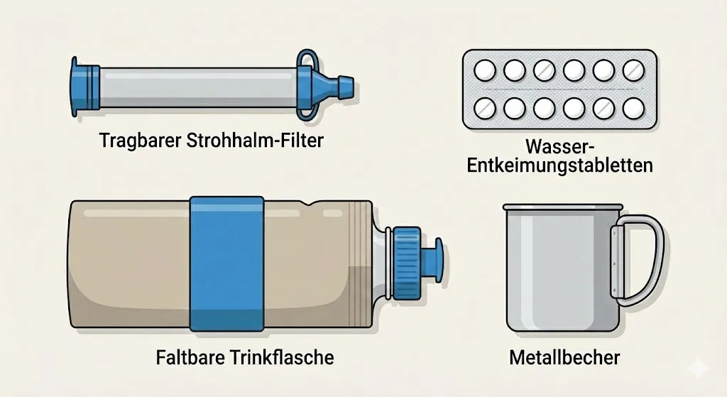 fluchtrucksack wasser ausruestung de Übersicht der Wasser-Ausrüstung für den Fluchtrucksack: Tragbarer Strohhalm-Filter, Wasser-Entkeimungstabletten, Faltbare Trinkflasche und Metallbecher (Deutsch).