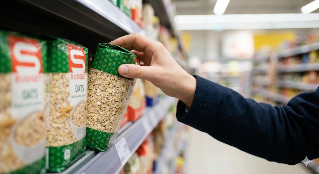 Eine Person greift im Supermarktregal nach einer günstigen Packung Haferflocken einer Eigenmarke.