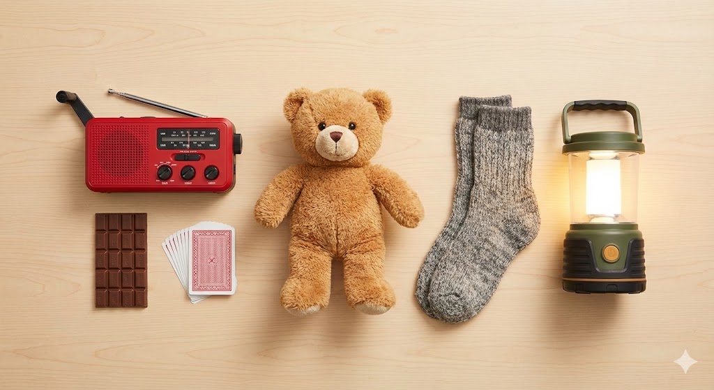 Übersichtsfoto der psychologischen Notfallausrüstung: Radio, Schokolade, Karten, Teddy, Socken.