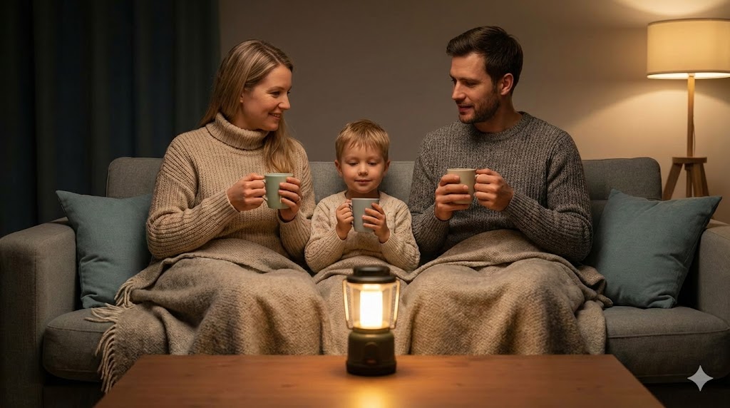 Familie sitzt warm angezogen mit Decken und Tee bei Laternenlicht auf dem Sofa.