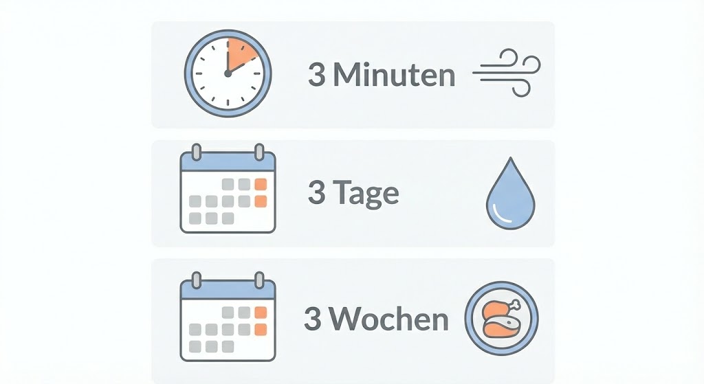 infografik 3 3 3 regel survival de Infografik zur 3-3-3-Regel: 3 Minuten ohne Luft, 3 Tage ohne Wasser, 3 Wochen ohne Nahrung (Deutsch).
