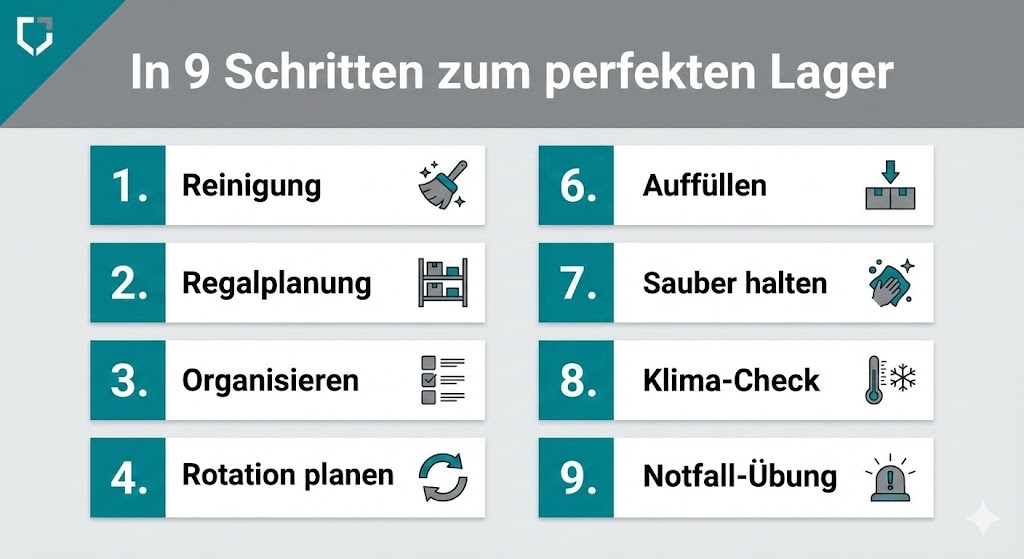 infografik 9 schritte lagerraum einrichten v2 Schritt-für-Schritt Anleitung zur Einrichtung eines Lagerraums für die Krisenvorsorge.