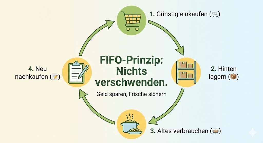 Infografik zum FIFO-Prinzip (First In, First Out) mit einem Kreislauf aus Einkaufen, Lagern, Verbrauchen und Nachkaufen, um Lebensmittelverschwendung zu vermeiden.