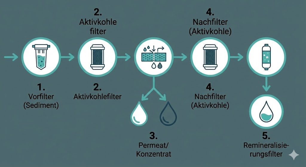 Infografik: Schematische Darstellung der 5 Filterstufen einer Umkehrosmoseanlage.
