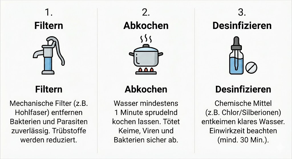 Übersichtsgrafik zu den drei Methoden der Wasseraufbereitung: Filtern, Abkochen und chemische Desinfektion.