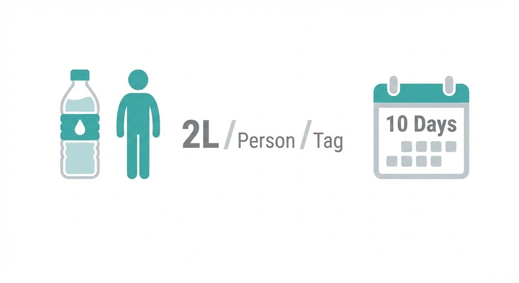 infografsik wasserbedarf berechnen Infografik zur Berechnung des Wasservorrats: 2 Liter pro Person und Tag für 10 Tage.