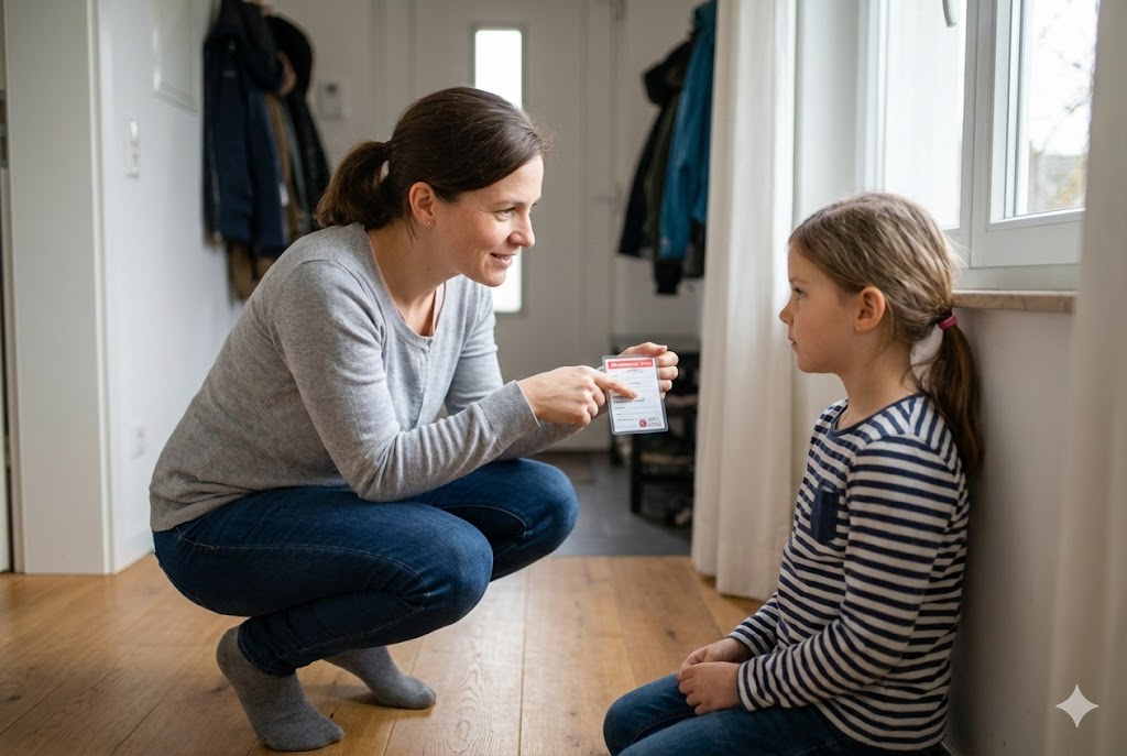Mutter erklärt ihrem Kind ruhig den Notfallplan auf Augenhöhe.