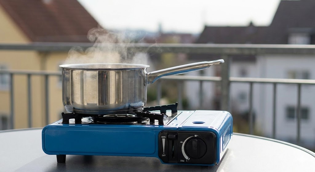 Kochen mit Campingkocher auf dem Balkon bei Stromausfall.