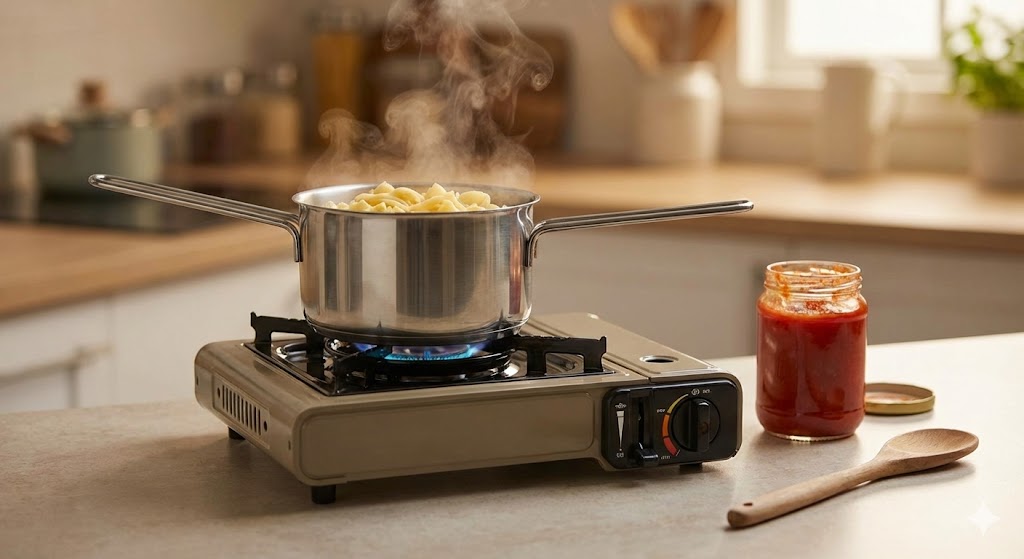Ein Camping-Gaskocher in der Küche, auf dem Nudeln kochen, daneben ein Glas Tomatensoße – einfache Mahlzeit ohne Strom.