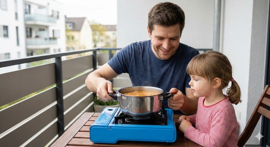 Vater und Tochter kochen gemeinsam mit einem Gas-Campingkocher auf einem hellen Balkon.