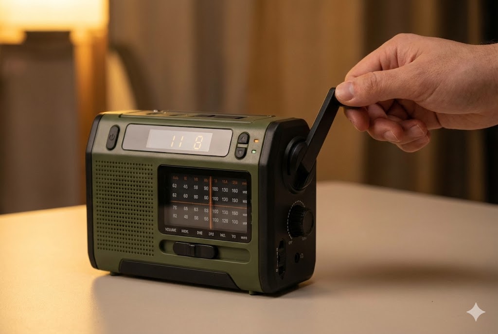 Eine Hand dreht die Kurbel an einem olivgrünen Notfallradio, das auf einem Tisch steht.