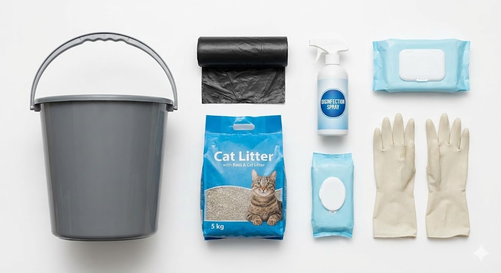 Materialliste für Notfalltoilette: Eimer, Beutel, Streu und Hygieneartikel.