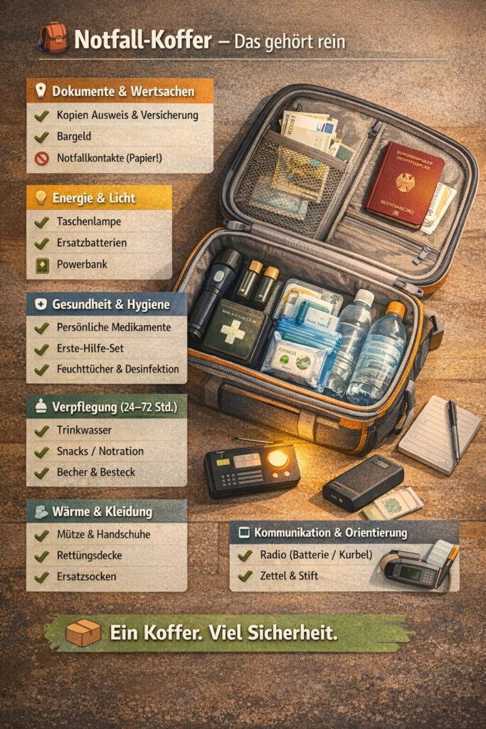 Infografik zeigt eine Notfall-Koffer-Packliste mit Dokumenten, Wasser, Licht, Medikamenten und Kleidung